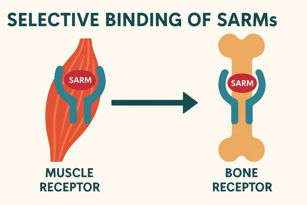 Diagram showing how SARMs selectively bind to muscle and bone receptors