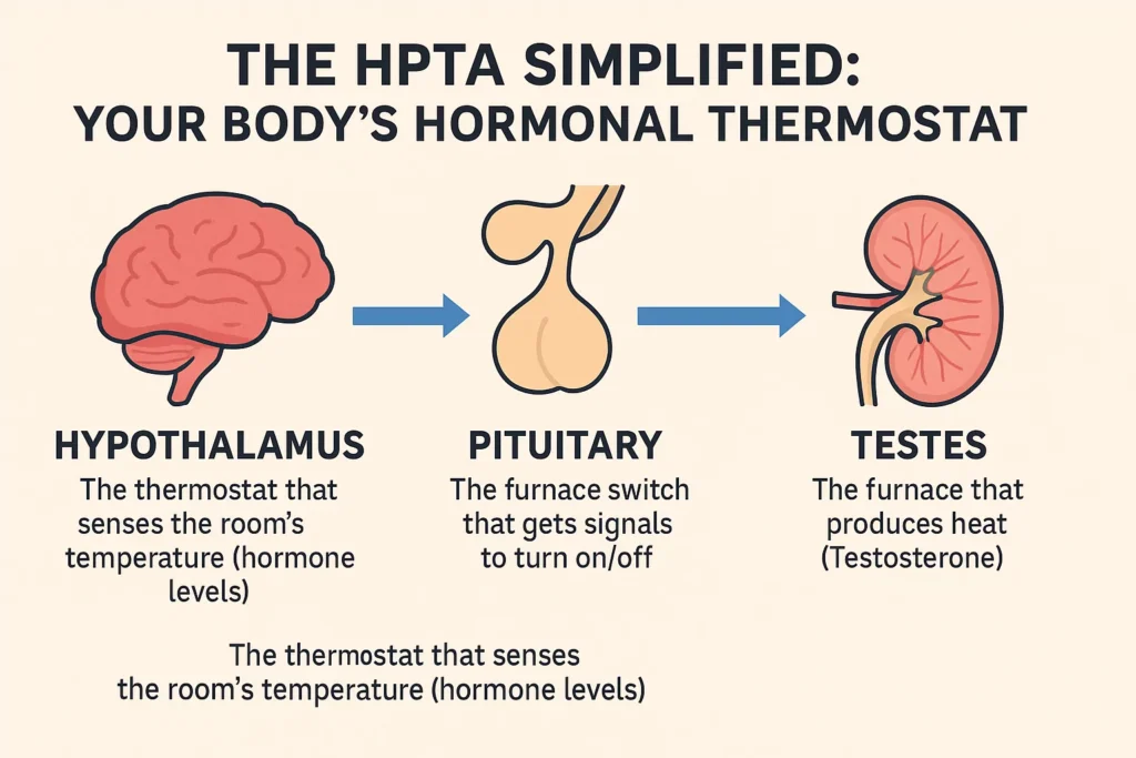 Clean diagram illustrating hypothalamus, pituitary, and testes working together in hormonal regulation