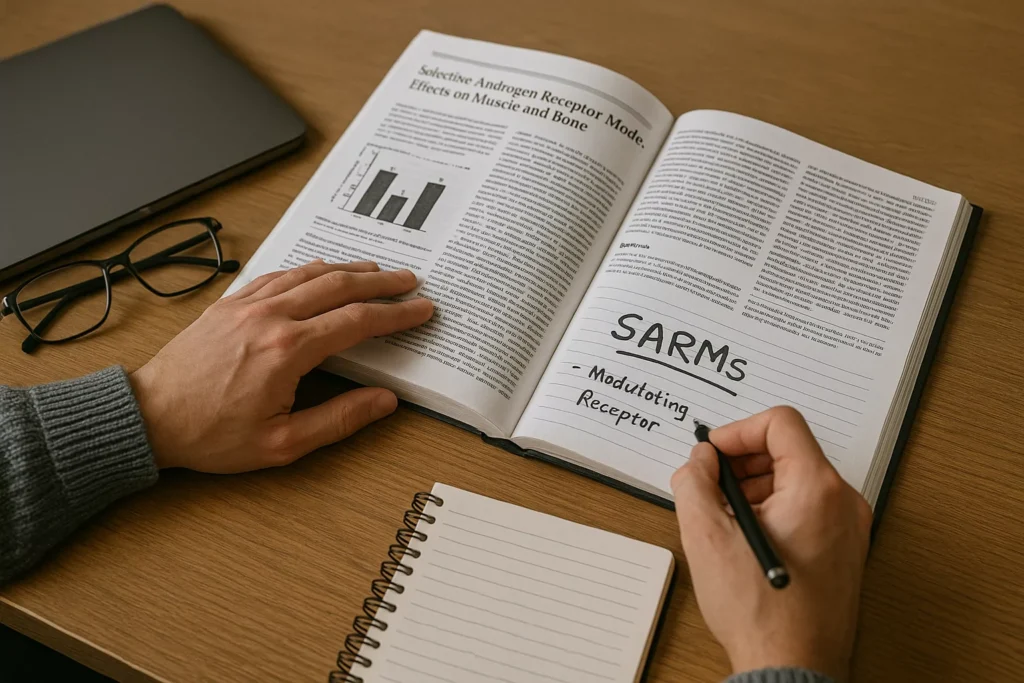 Person reading scientific literature and making notes