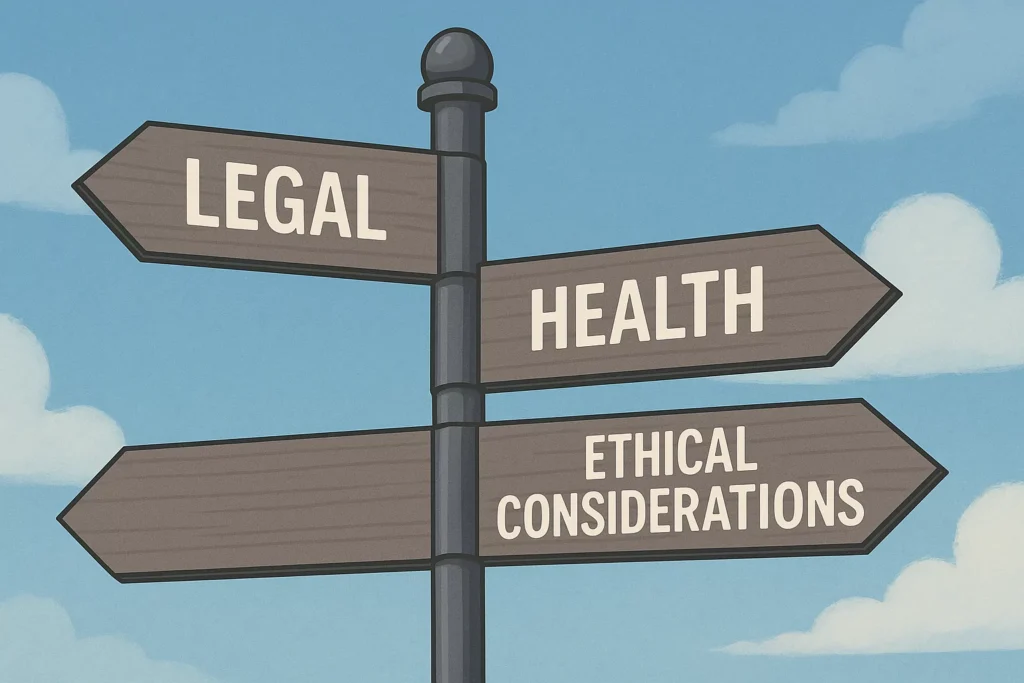 Signpost showing different paths labeled legal, health, and ethical considerations