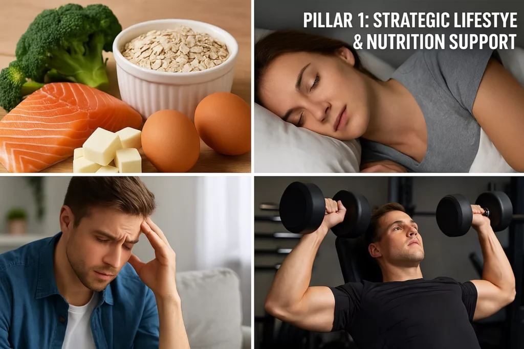 Collage showing proper nutrition, sleep, stress management, and adjusted training during PCT