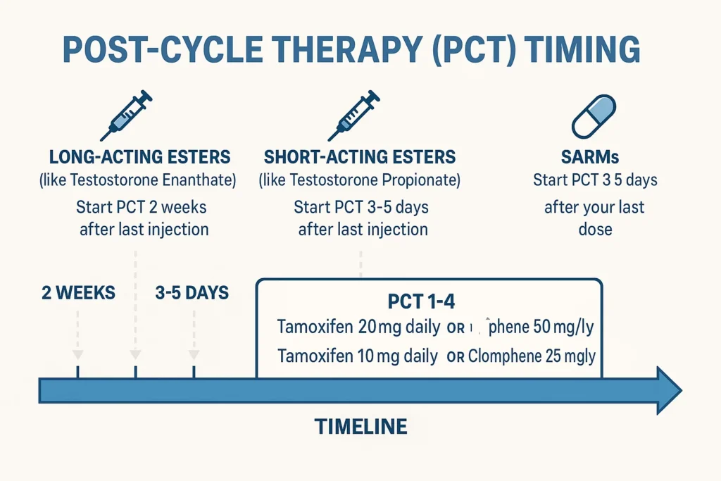 Clear timeline graphic showing when to start PCT after different esters and how long protocols typically last