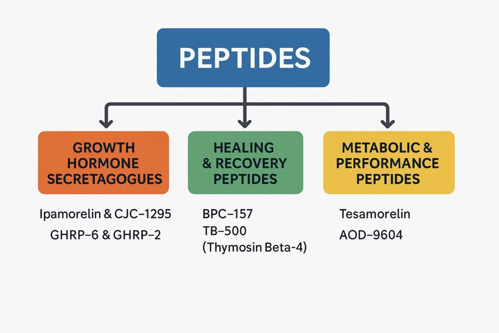 Infographic organizing peptides into growth hormone secretagogues, healing peptides, and metabolic peptides