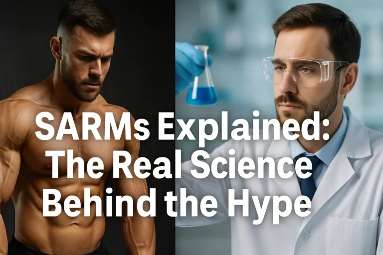 Split image showing bodybuilder on one side and scientist in lab on the other