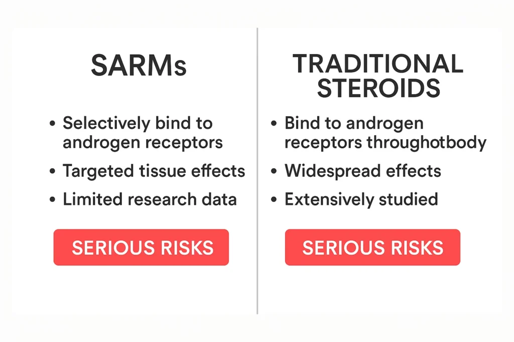 Side-by-side comparison infographic of SARMs and traditional steroids