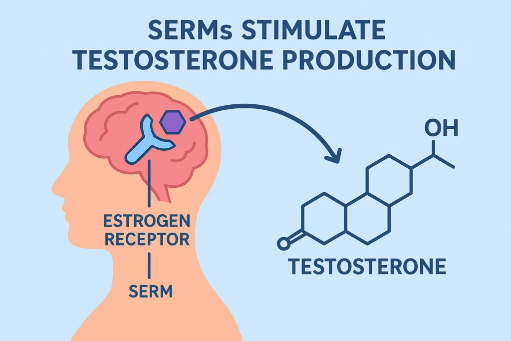 Illustration showing how SERM molecules block estrogen receptors in the brain to stimulate natural testosterone production